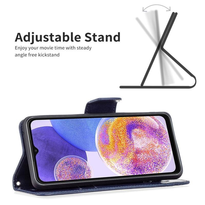 Butterfly PU kožené peňaženkové púzdro na mobil Samsung Galaxy A23 4G/5G - tmavomodré