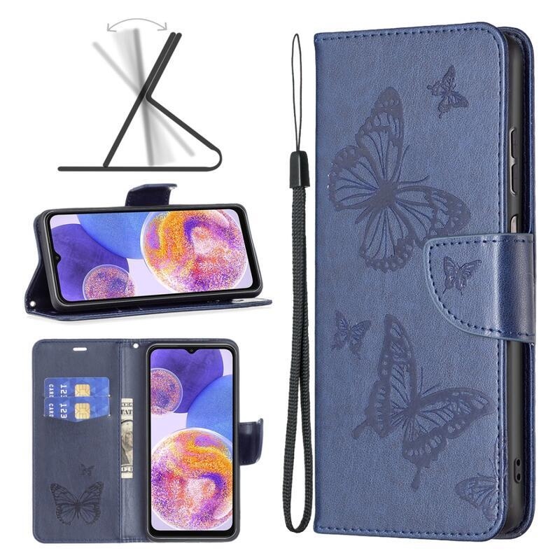 Butterfly PU kožené peňaženkové púzdro na mobil Samsung Galaxy A23 4G/5G - tmavomodré