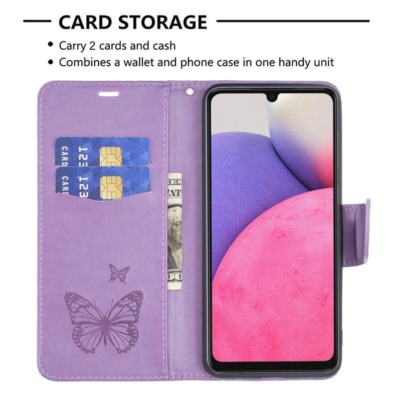 Butterfly PU kožené peňaženkové púzdro na mobil Samsung Galaxy A33 5G - fialové