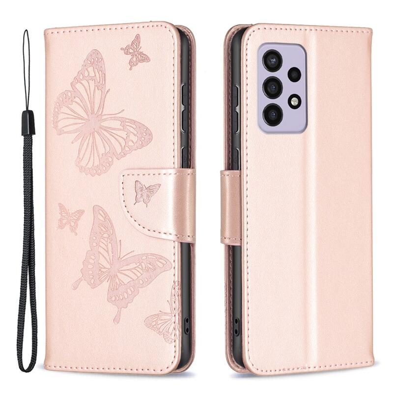 Butterfly PU kožené peňaženkové púzdro na mobil Samsung Galaxy A33 5G - ružovozlaté