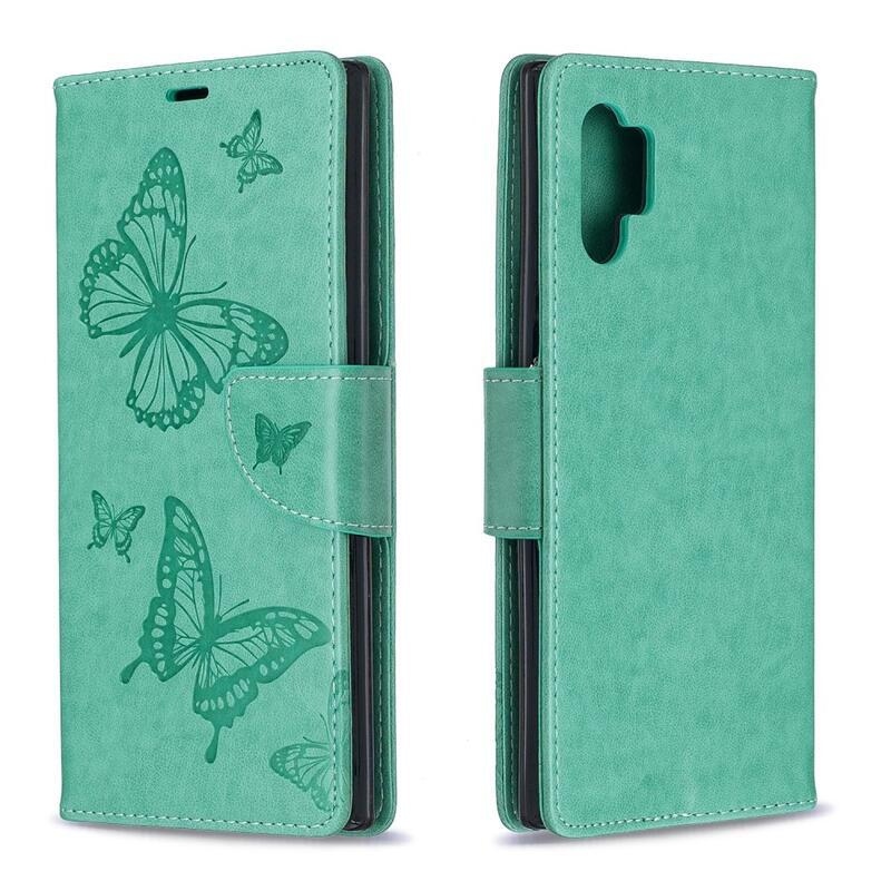 Butterfly PU kožené peňaženkové púzdro na mobil Samsung Galaxy Note 10 Plus - zelené