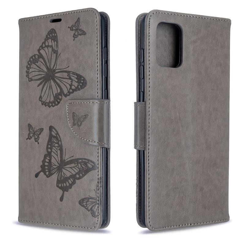 Butterfly PU kožené puzdro na mobil Samsung Galaxy A71 - šedé