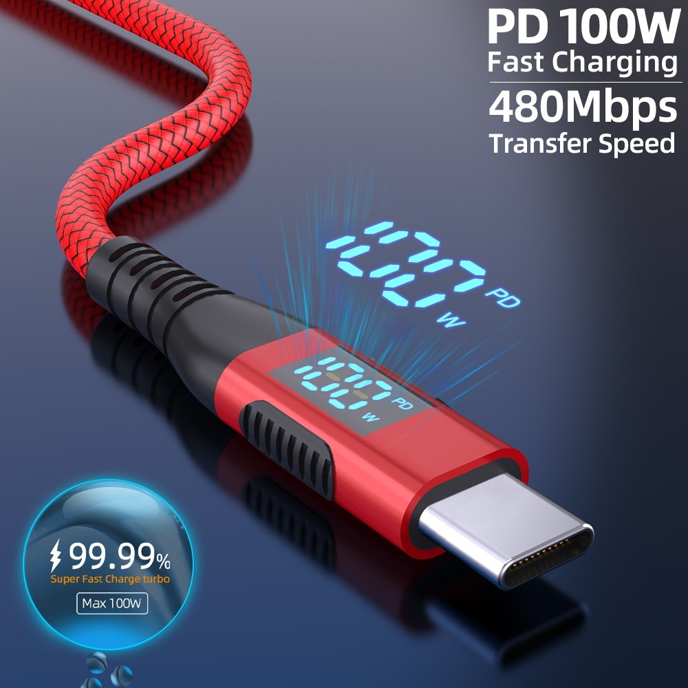 Nylonový kábel USB-C / USB-C s displejom 1m 100W - červený