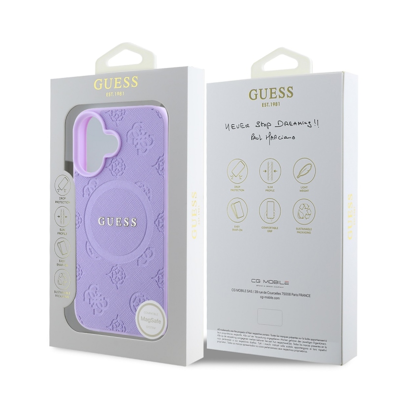 Guess Saffiano Peón Stamp MagSafe Zadný Kryt pre iPhone 16 Purple