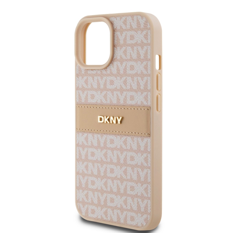 DKNY PU Leather Repeat Pattern Tonal Stripe Zadný Kryt pre iPhone 15 Pink