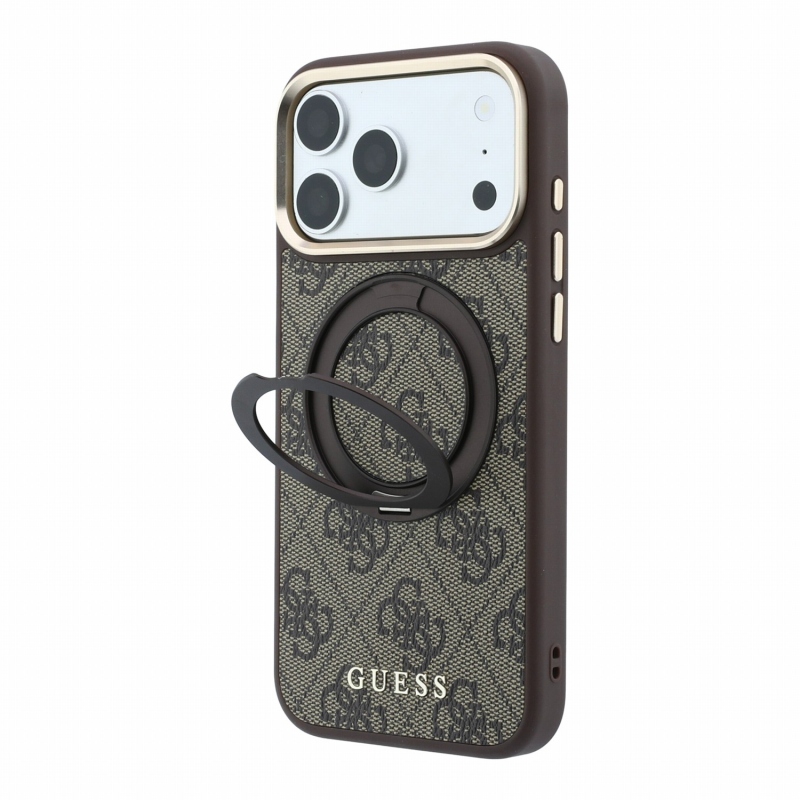 Guess PU 4G Ring Stand MagSafe zadný kryt pre iPhone 18 Pro Max, hnedý