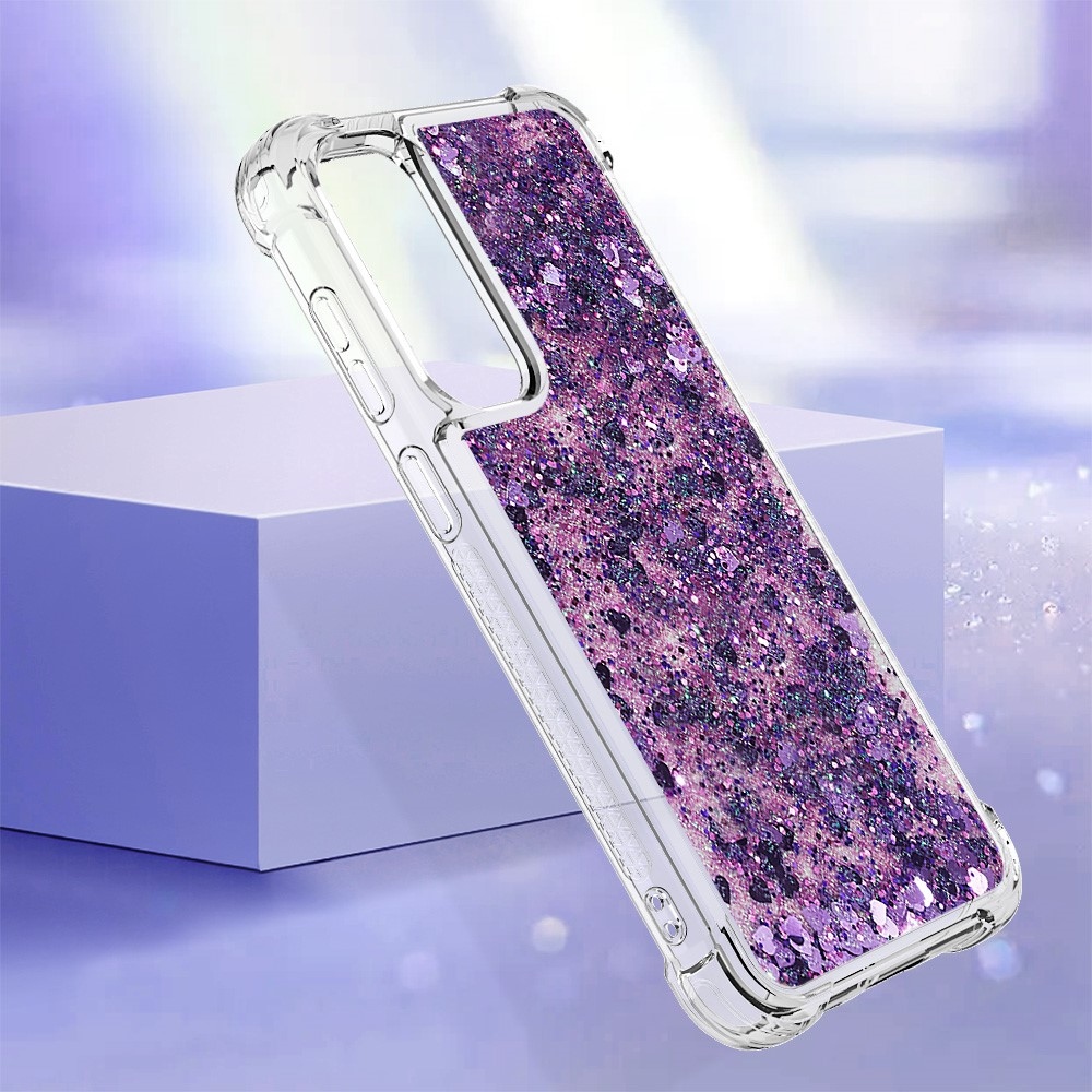 Glitter gélový presýpací obal na Samsung Galaxy S23 FE - tmavofialový/srdiečka