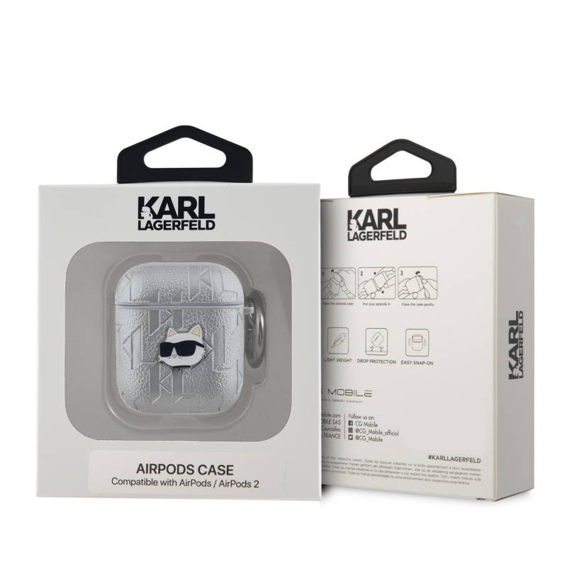 Karl Lagerfeld PU Embossed Choupette Head Puzdro pre AirPods 1/2 Silver