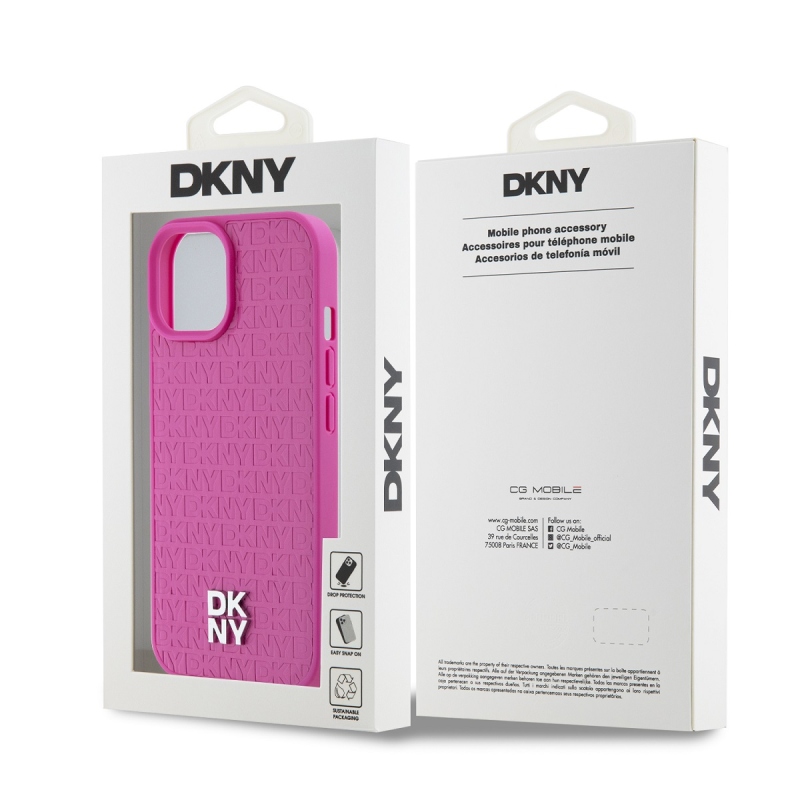 DKNY PU Leather Repeat Pattern Stack Logo Magsafe Zadný Kryt pre iPhone 15 Pink