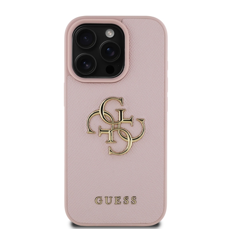Guess PU zrnitý 4G kovový zadný kryt s logom pre iPhone 15 Pro Max Pink
