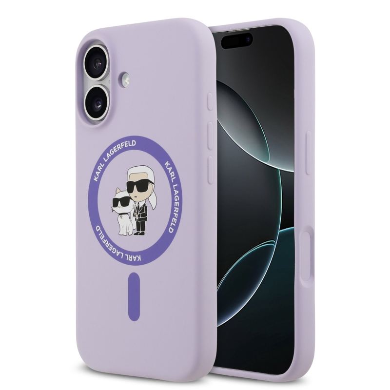 Karl Lagerfeld Tekutý silikónový kryt Karl and Choupette MagSafe pre iPhone 17 Purple