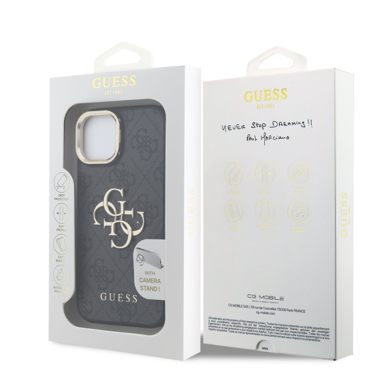 Guess PU 4G Metal Logo Stand Camera Frame Zadný Kryt pre iPhone 15 Black