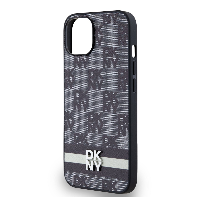 DKNY PU Leather Checkered Pattern and Stripe Zadný Kryt pre iPhone 14 Black