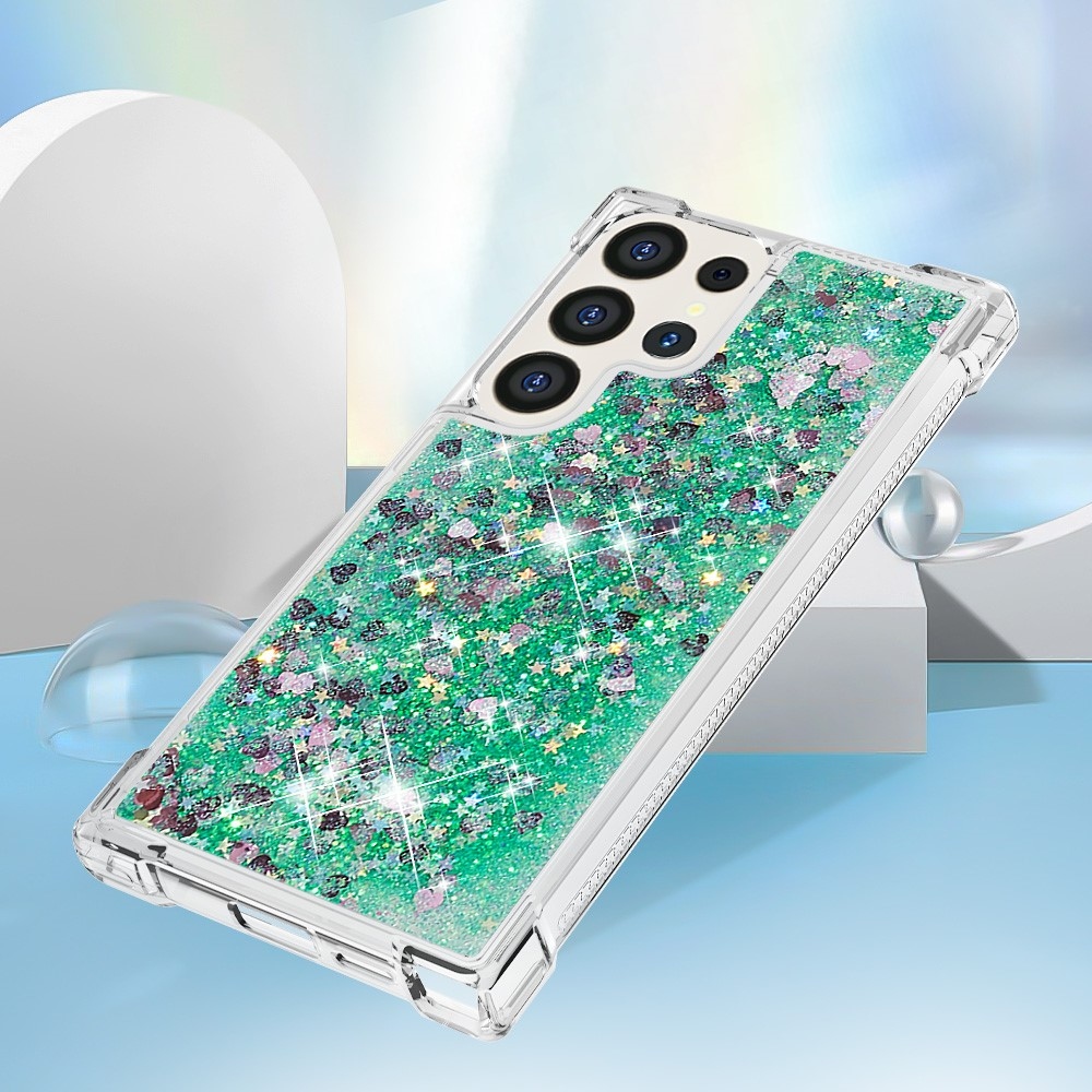 Glitter presýpacie gélový obal na Samsung Galaxy S24 Ultra - zelený/srdiečka