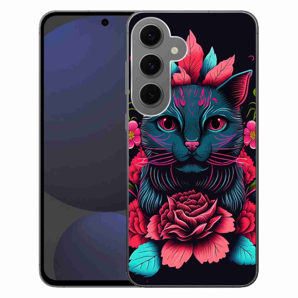 Gélový kryt mmCase na Samsung Galaxy S24 FE - kvety a mačka