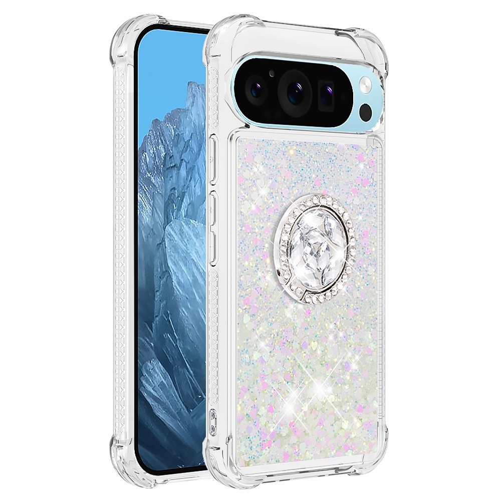 Glitt presýpací gélový obal s krúžkom na prst na Google Pixel 10 - ružovo strieborný/srdiečka