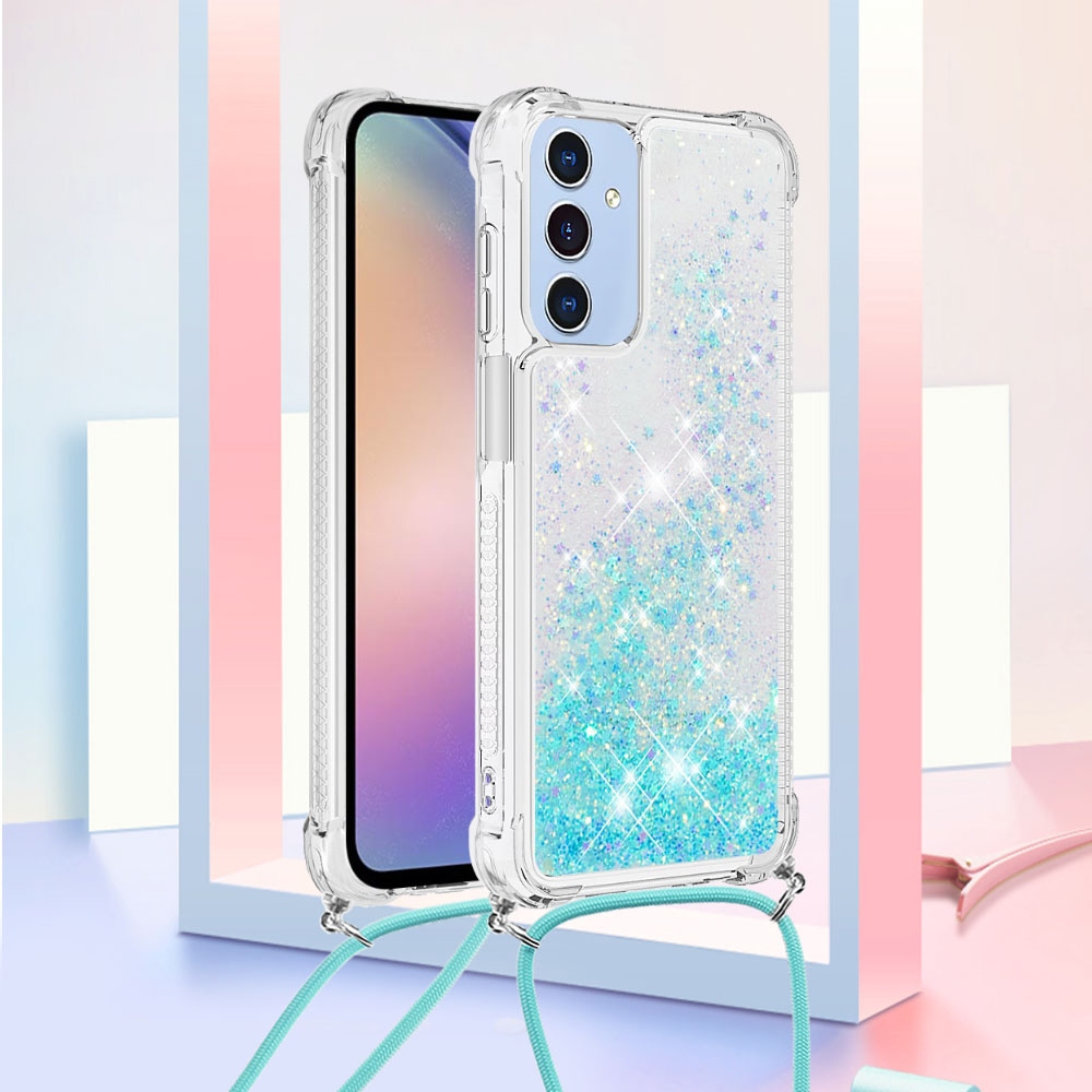 Glitters presýpacie gélový obal so šnúrkou na Samsung Galaxy A17 5G - modrý/hviezdičky