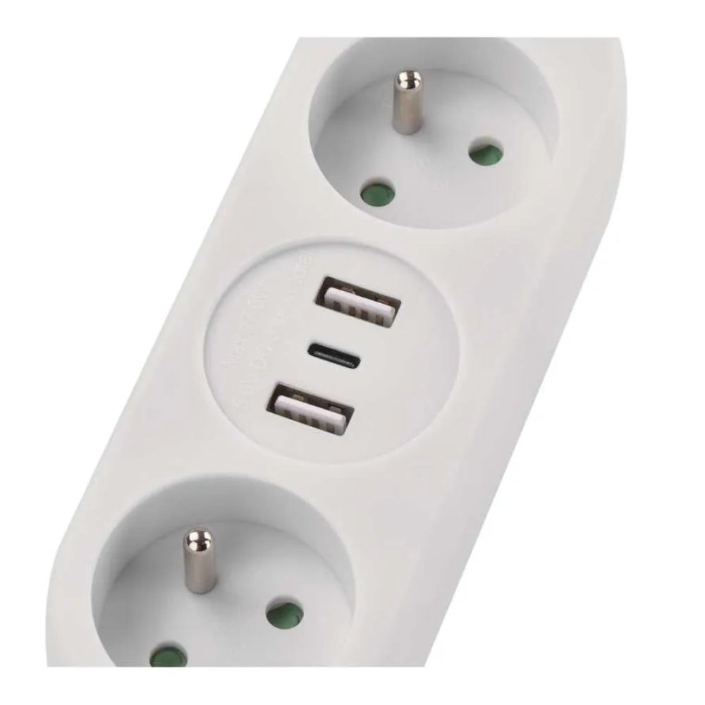 Predlžovací kábel 1,4 m / 2 zásuvky + 2 × USB-A + 1 × USB-C / biely / PVC / 1,5 mm2