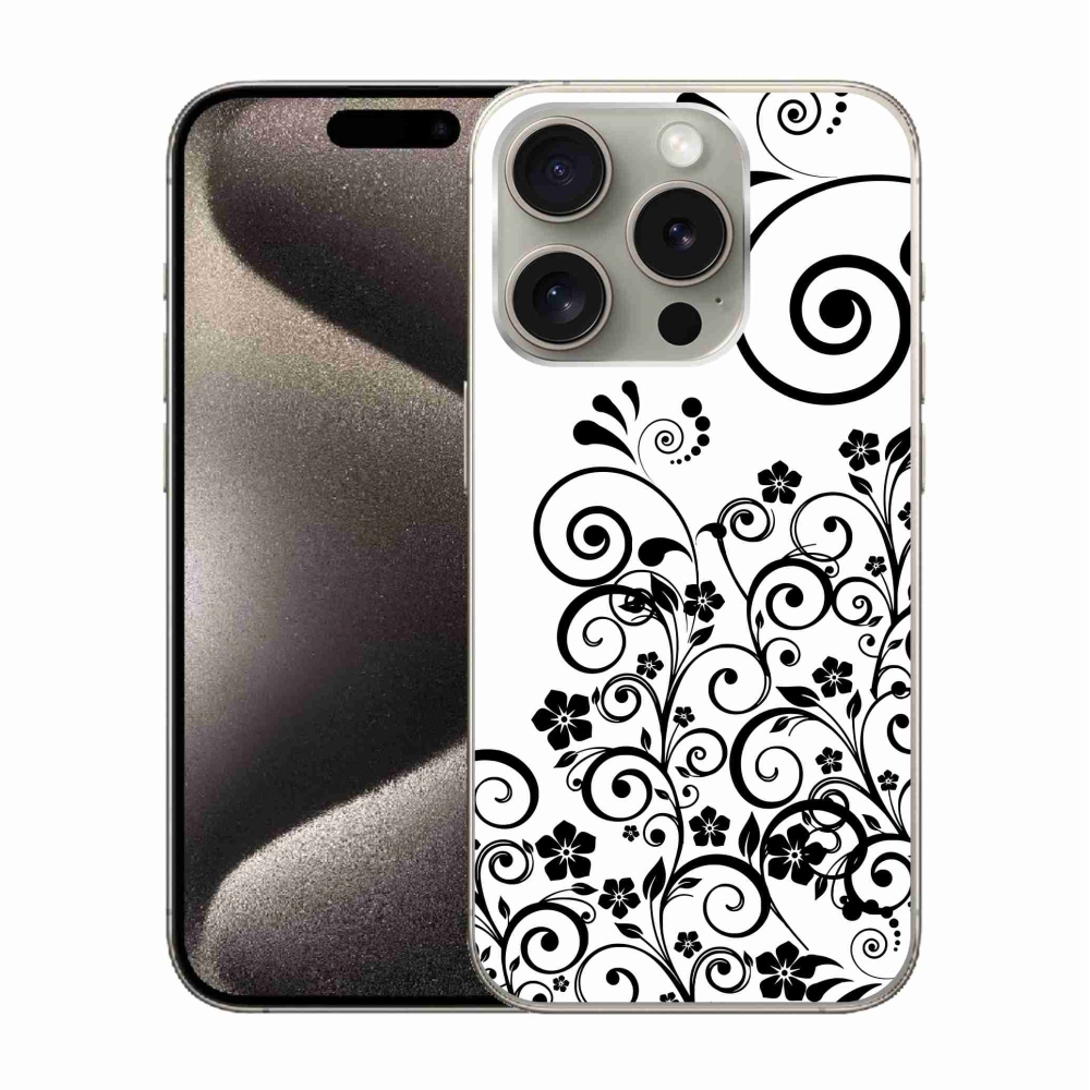 Gélový kryt mmCase na iPhone 15 Pro - čiernobiele kvetinové vzory