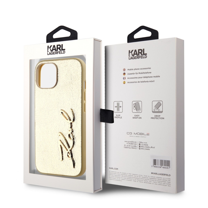 Karl Lagerfeld Wrinkled PU Signature Logo Zadný Kryt pre iPhone 15 Gold