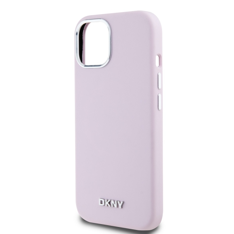 DKNY Liquid Silicone Silver Metal Logo Magsafe Zadný Kryt pre iPhone 15 Pink