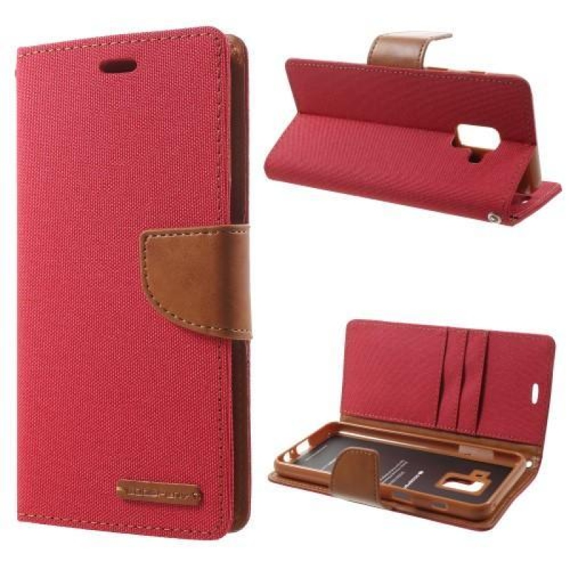 Canvas PU kožené/textilné puzdro na Samsung Galaxy A8 Plus (2018) - červené