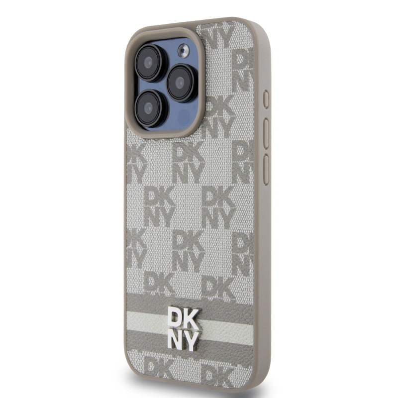 DKNY PU Leather Checkered Pattern and Stripe Zadný Kryt pre iPhone 14 Pro Max Beige