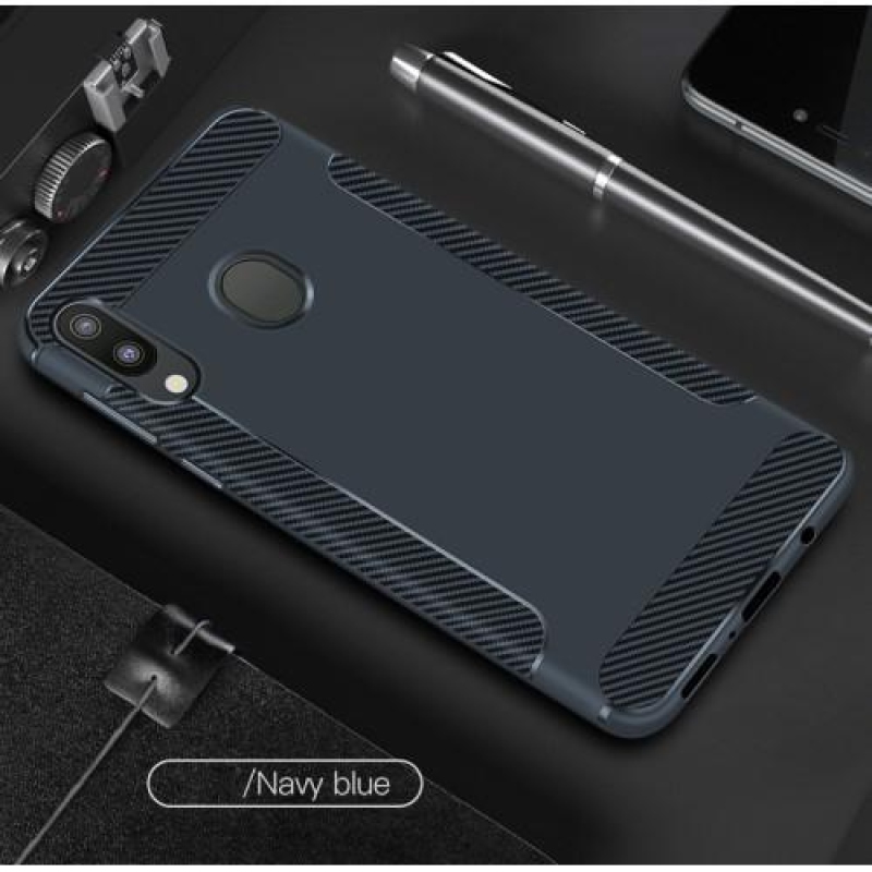 Carbon Fiber protišmykový gélový obal na mobil Samsung Galaxy M20 - modrý