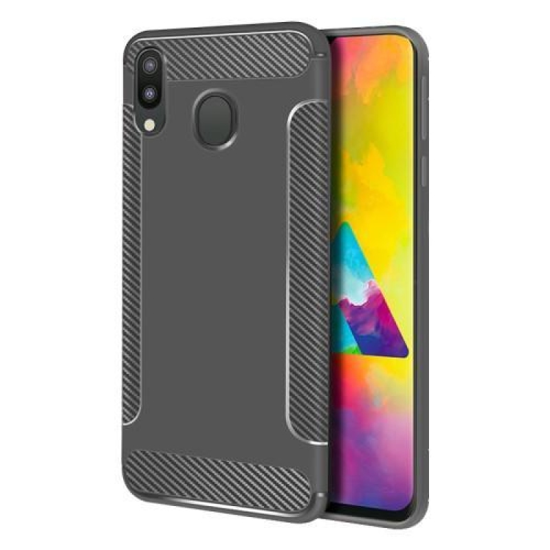 Carbon Fiber protišmykový gélový obal na mobil Samsung Galaxy M20 - sivý