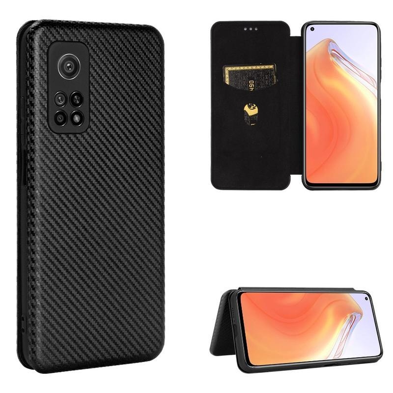 Carbon textúrované PU kožené puzdro na mobil Xiaomi Mi 10T 5G / 10T Pro 5G - čierne