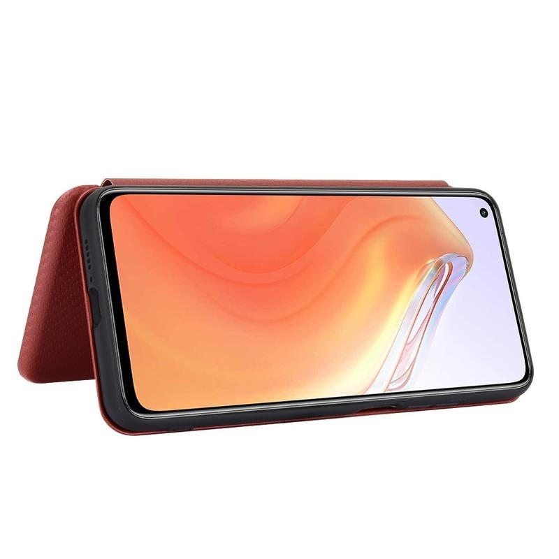 Carbon textúrované PU kožené puzdro na mobil Xiaomi Mi 10T 5G / 10T Pro 5G - hnedé