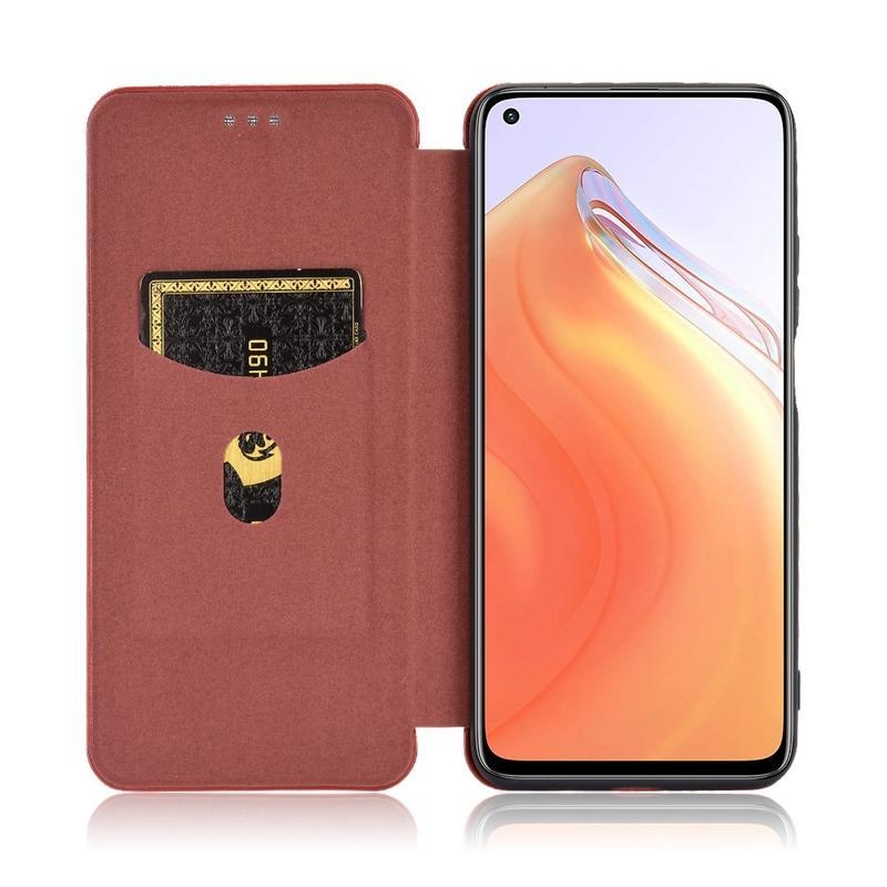 Carbon textúrované PU kožené puzdro na mobil Xiaomi Mi 10T 5G / 10T Pro 5G - hnedé