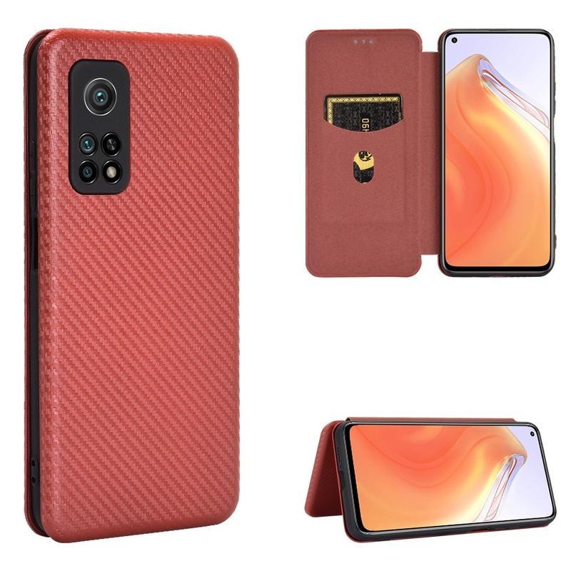 Carbon textúrované PU kožené puzdro na mobil Xiaomi Mi 10T 5G / 10T Pro 5G - hnedé