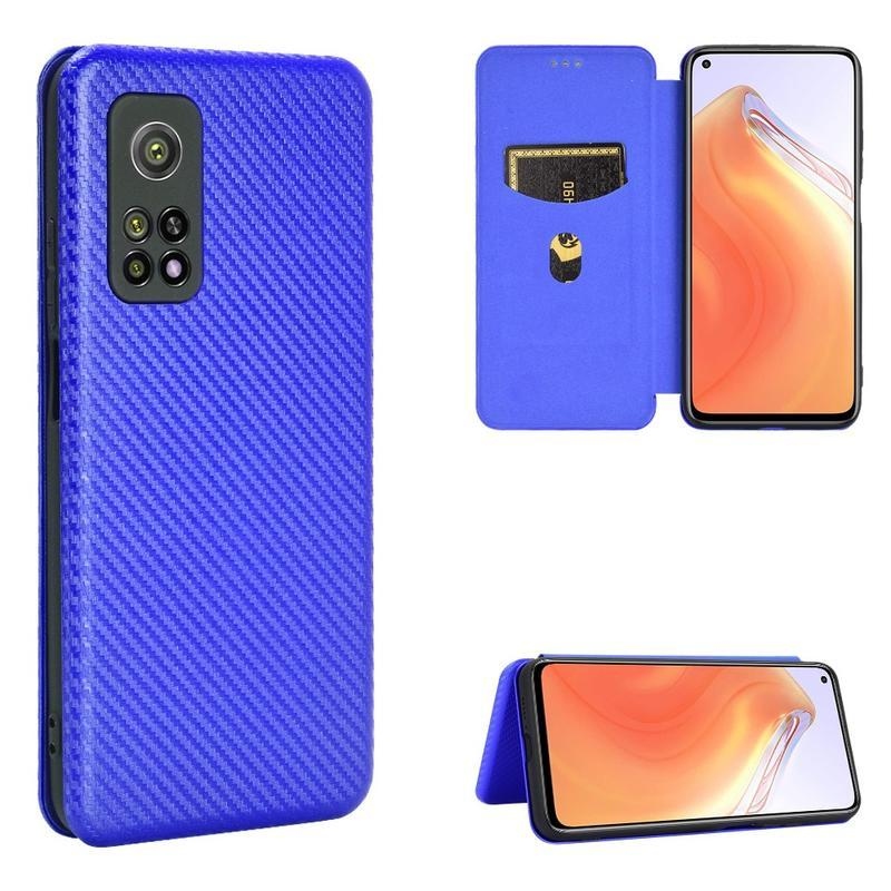 Carbon textúrované PU kožené puzdro na mobil Xiaomi Mi 10T 5G / 10T Pro 5G - modré
