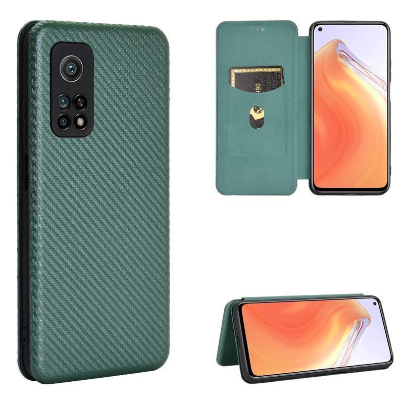 Carbon textúrované PU kožené puzdro na mobil Xiaomi Mi 10T 5G / 10T Pro 5G - zelené