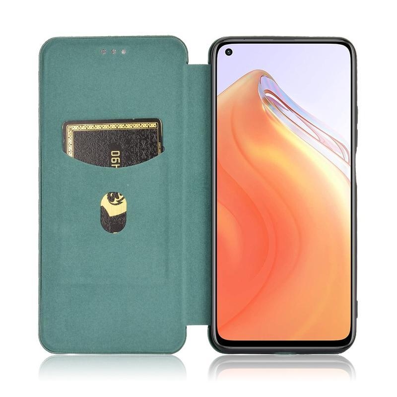 Carbon textúrované PU kožené puzdro na mobil Xiaomi Mi 10T 5G / 10T Pro 5G - zelené