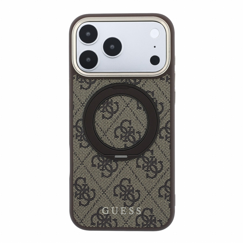 Guess PU 4G Ring Stand MagSafe zadný kryt pre iPhone 18 Pro Max, hnedý