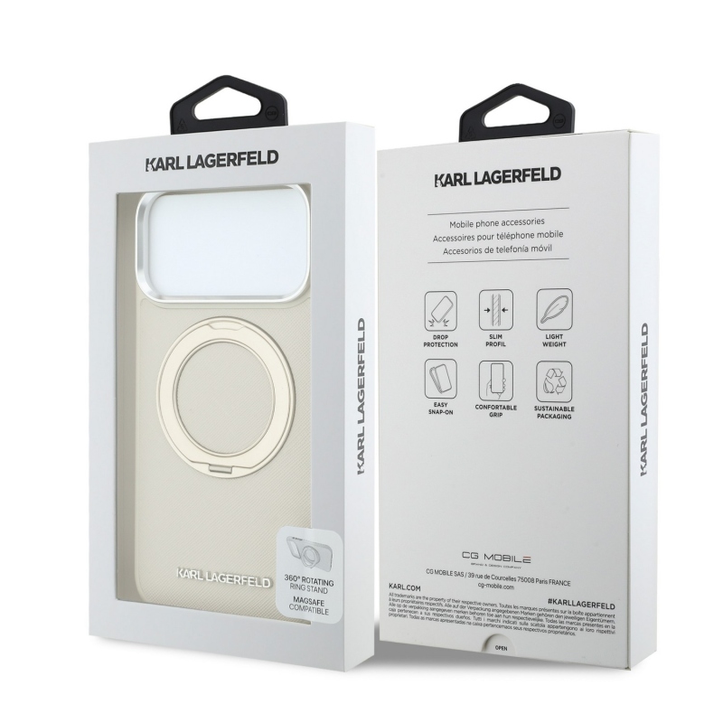 Karl Lagerfeld PU Saffiano Ring Stand MagSafe zadný kryt pre iPhone 18 Pro, béžový