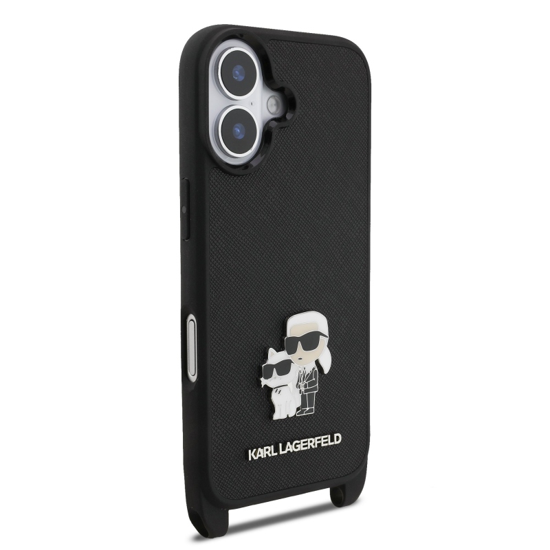 Karl Lagerfeld Saffiano Crossbody Strap Metal Karl and Choupette Zadný kryt pre iPhone 17 Black