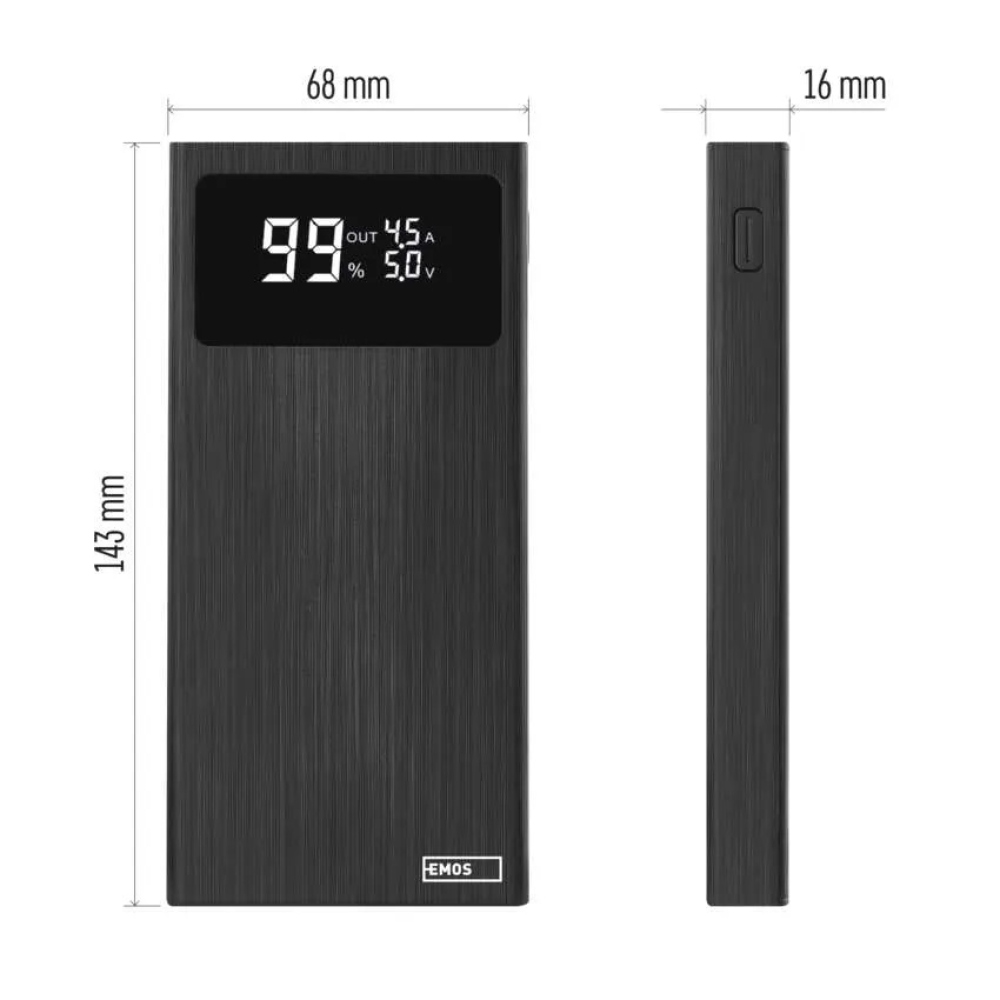 Powerbanka EMOS BetaQ 10, 10 000 mAh, 22,5 W - čierna