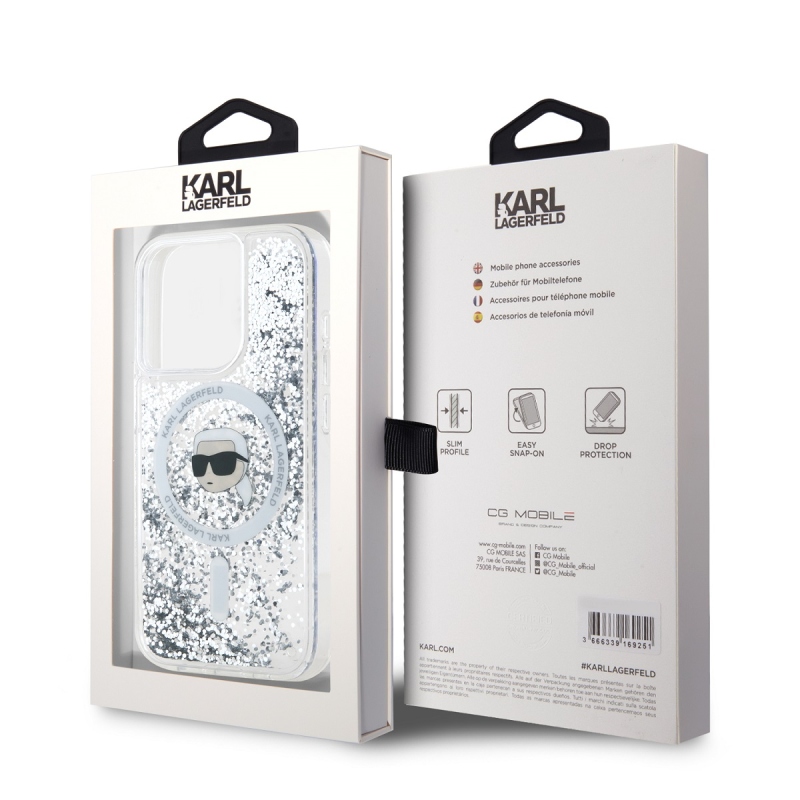 Karl Lagerfeld Liquid Glitter Karl Head MagSafe Zadný Kryt pre iPhone 15 Pro Max Transparent