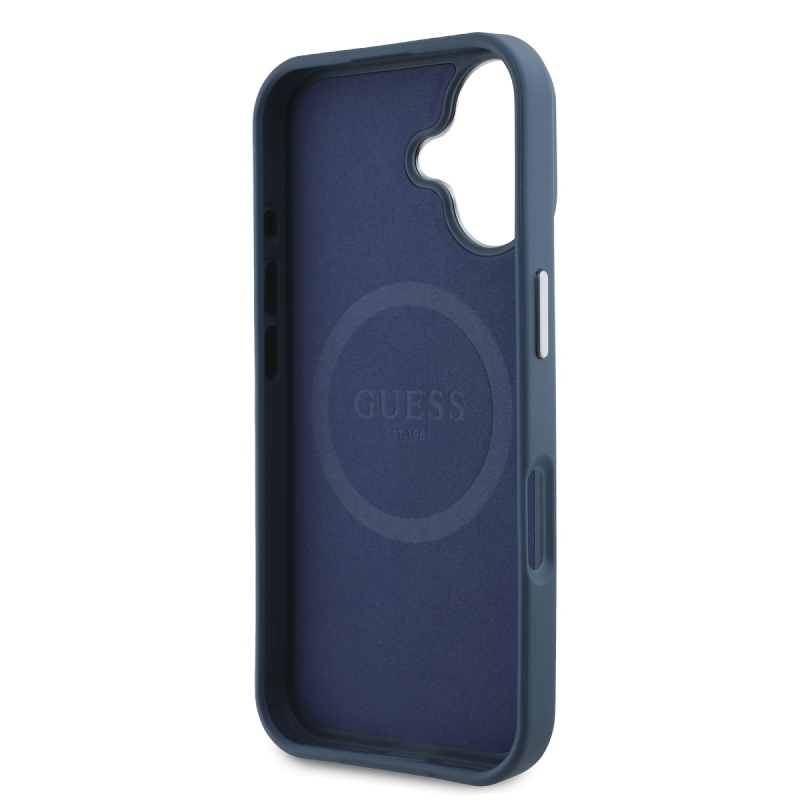 Guess PU Grained Triangle Logo Zadný Kryt pre iPhone 16 Blue