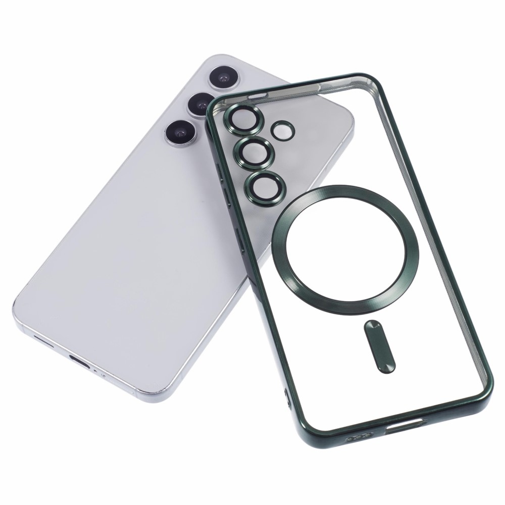 Clear obal s ochranou fotoaparátu a podporou MagSafe na Samsung Galaxy S25 - zelený