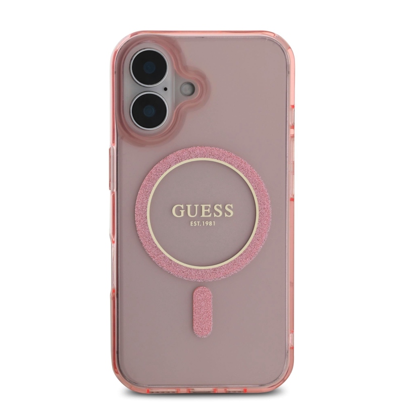 Guess IML Glitter Ring MagSafe Zadný Kryt pre iPhone 16 Pink