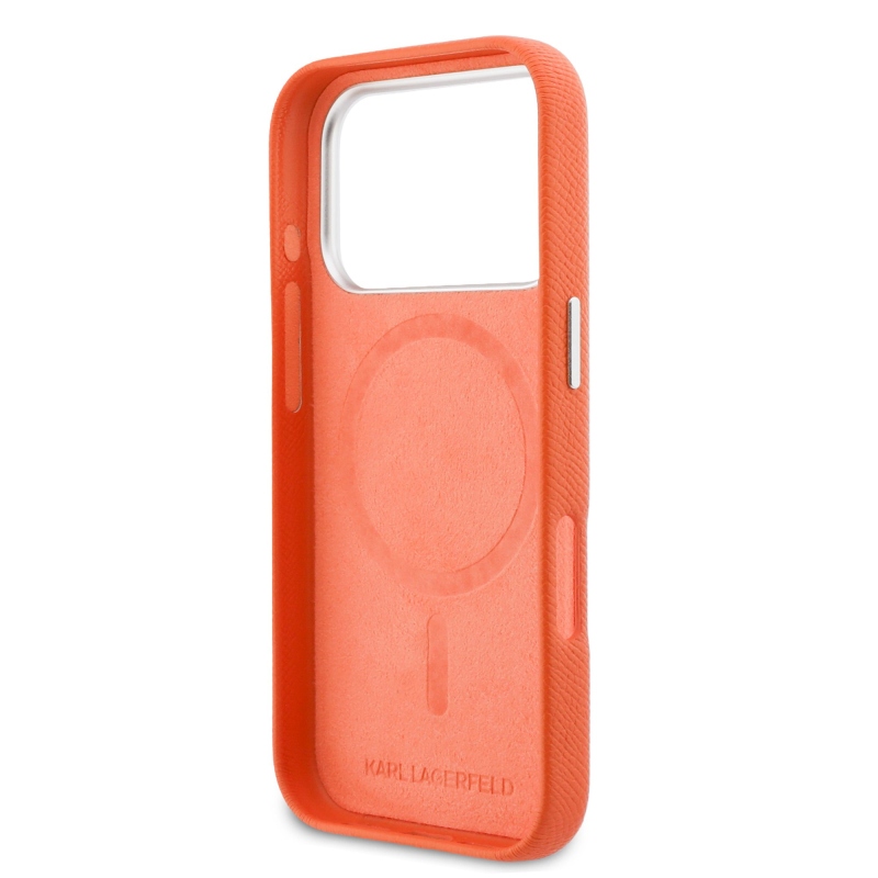 Karl Lagerfeld PU Karl and Choupette Heads Pins MagSafe zadný kryt pre iPhone 17 Pro Max Orange