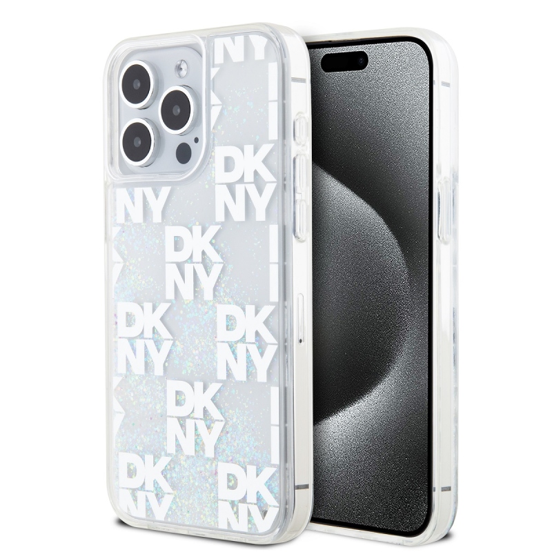 DKNY Liquid Glitter Checkered Pattern Zadný Kryt pre iPhone 15 Pro Max Transparent