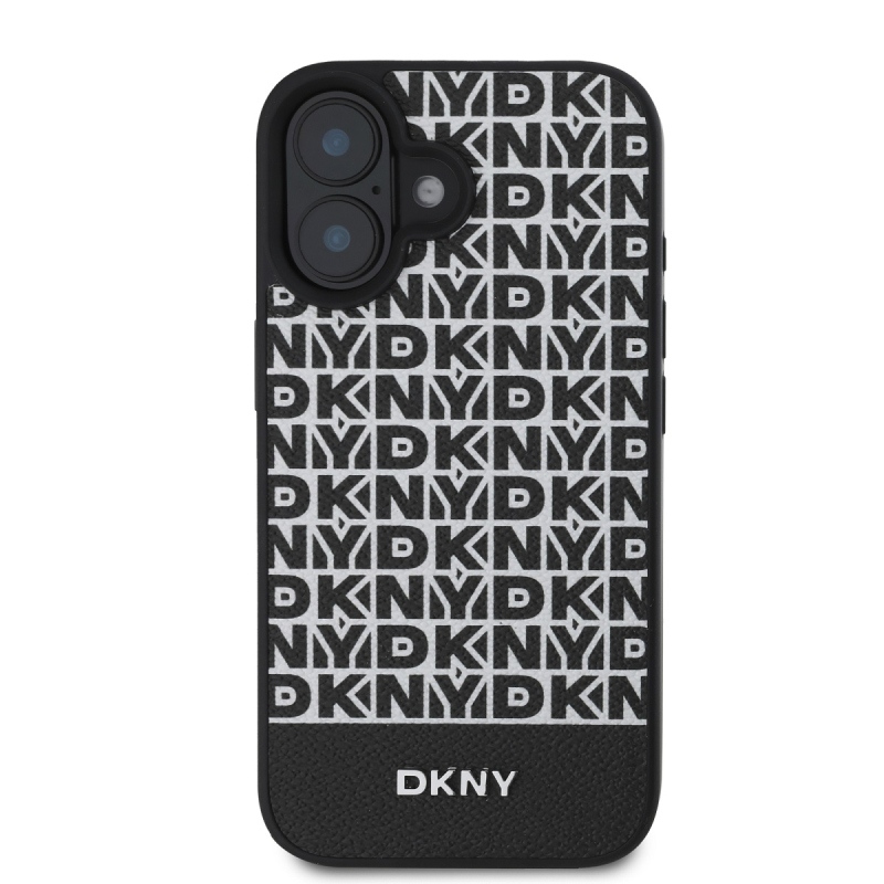 DKNY PU Leather Repeat Pattern Bottom Stripe MagSafe Zadný Kryt pre iPhone 16 Black