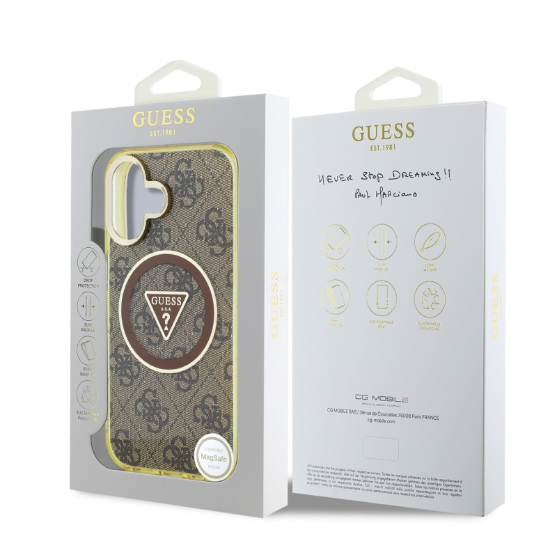 Guess IML 4G Glitter and Triangle Logo MagSafe zadný kryt pre iPhone 16 Brown