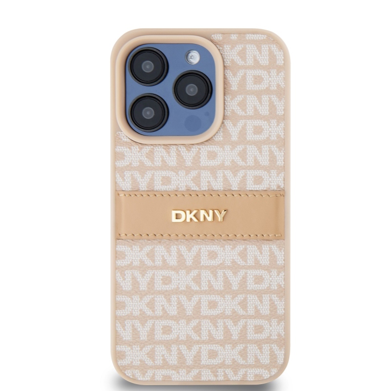 DKNY PU Leather Repeat Pattern Tonal Stripe Zadný Kryt pre iPhone 15 Pro Pink