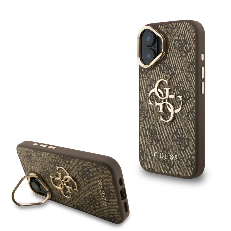 Guess PU 4G Metal Logo Stand Camera Frame Zadný Kryt pre iPhone 16 Brown